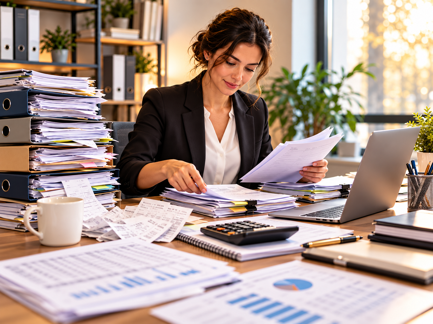 A woman in a black blazer sorting accounting paperwork among binders and receipts
