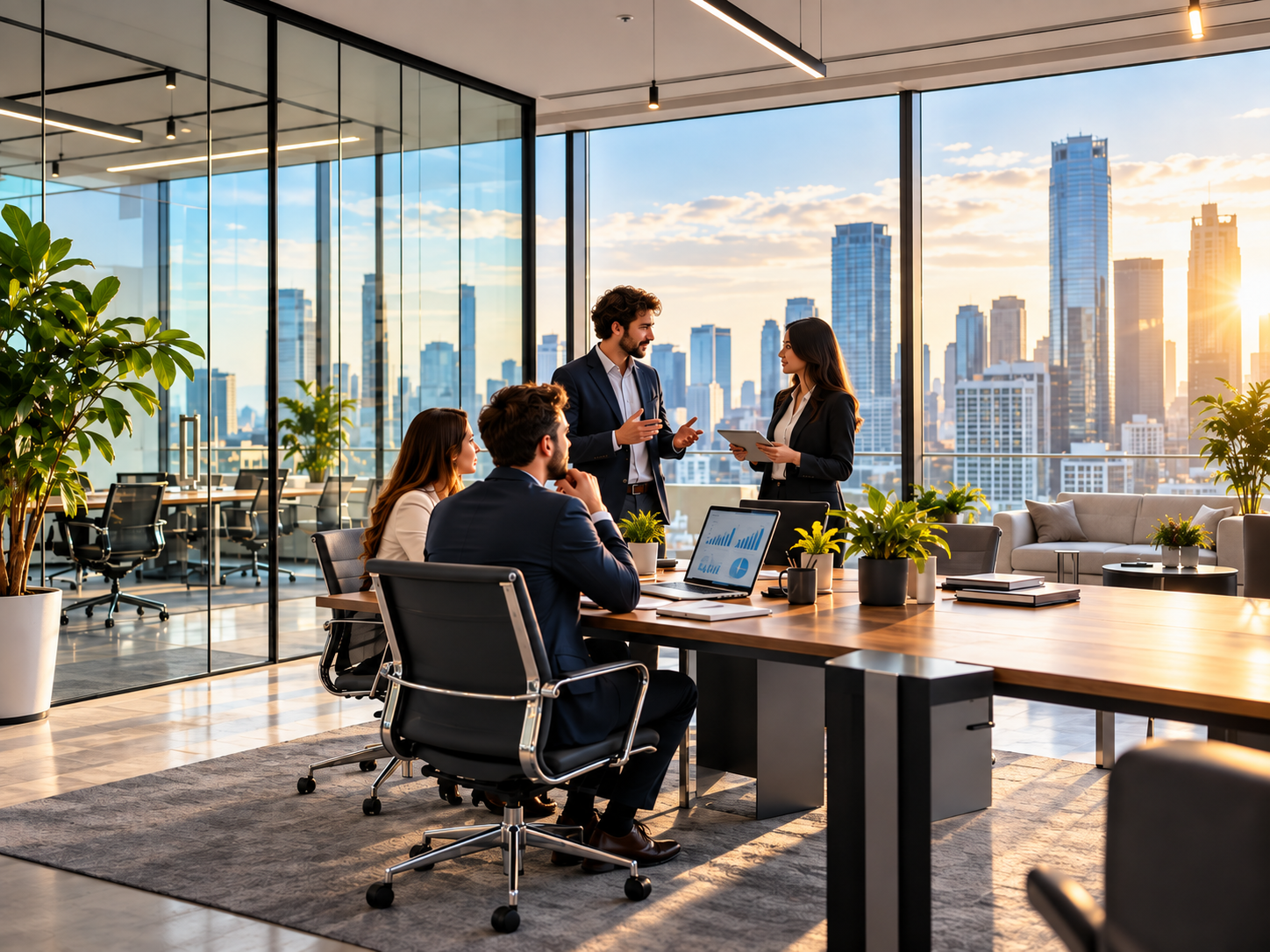 A team meeting around a table in a glass office overlooking the city