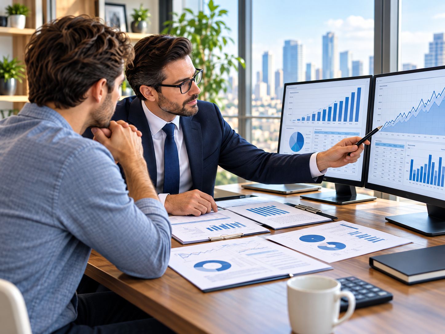 Consultant in a navy suit and glasses explaining charts on two monitors to a client in a blue shirt