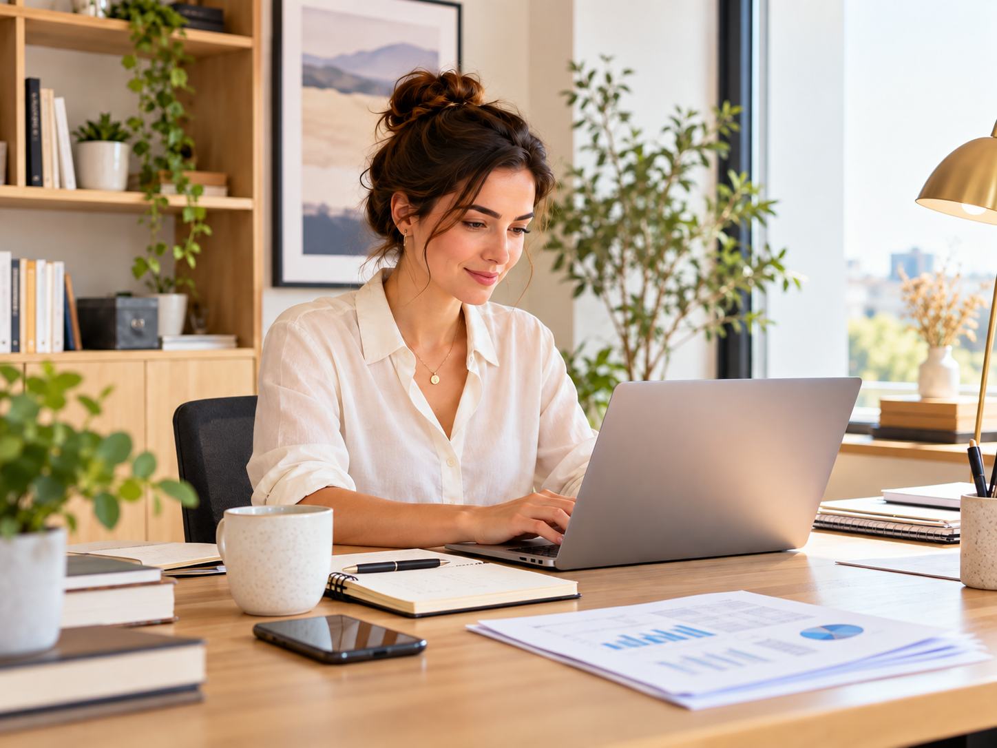 A freelancer in a white blouse working on a laptop in a bright office