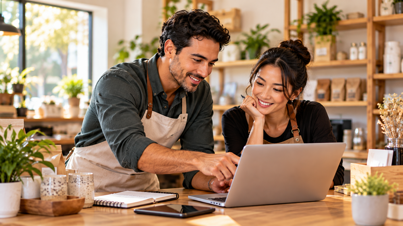 A man and a woman in aprons smiling at a laptop on a shop counter