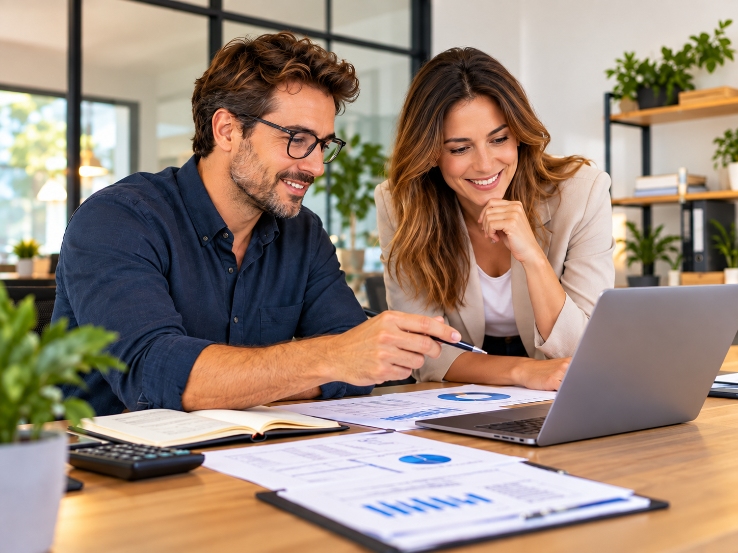 A man with glasses and a woman in a beige blazer smiling while reviewing a laptop and accounting reports