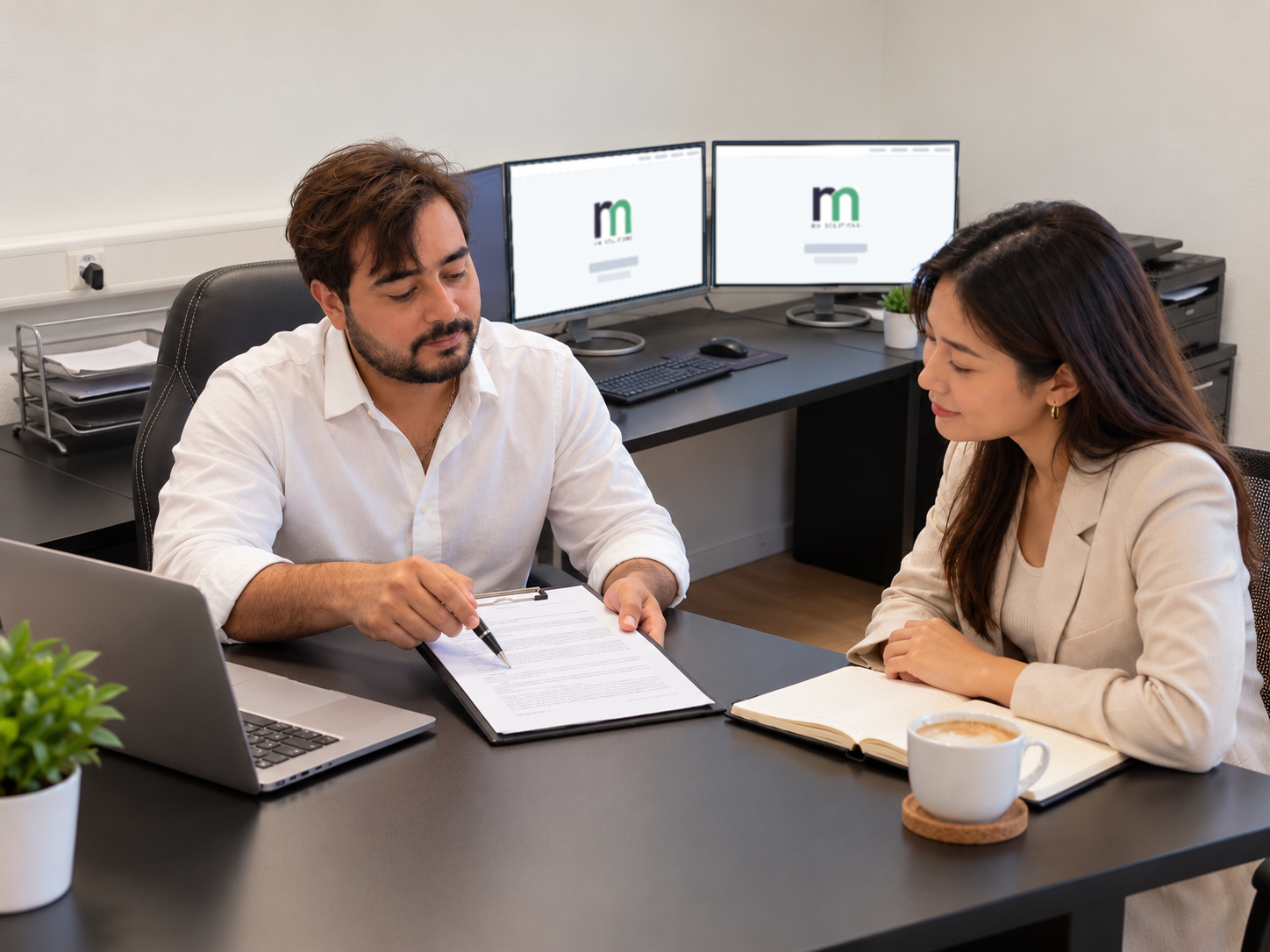 Asesor de RM Solutions explicando un contrato de seguro a una clienta