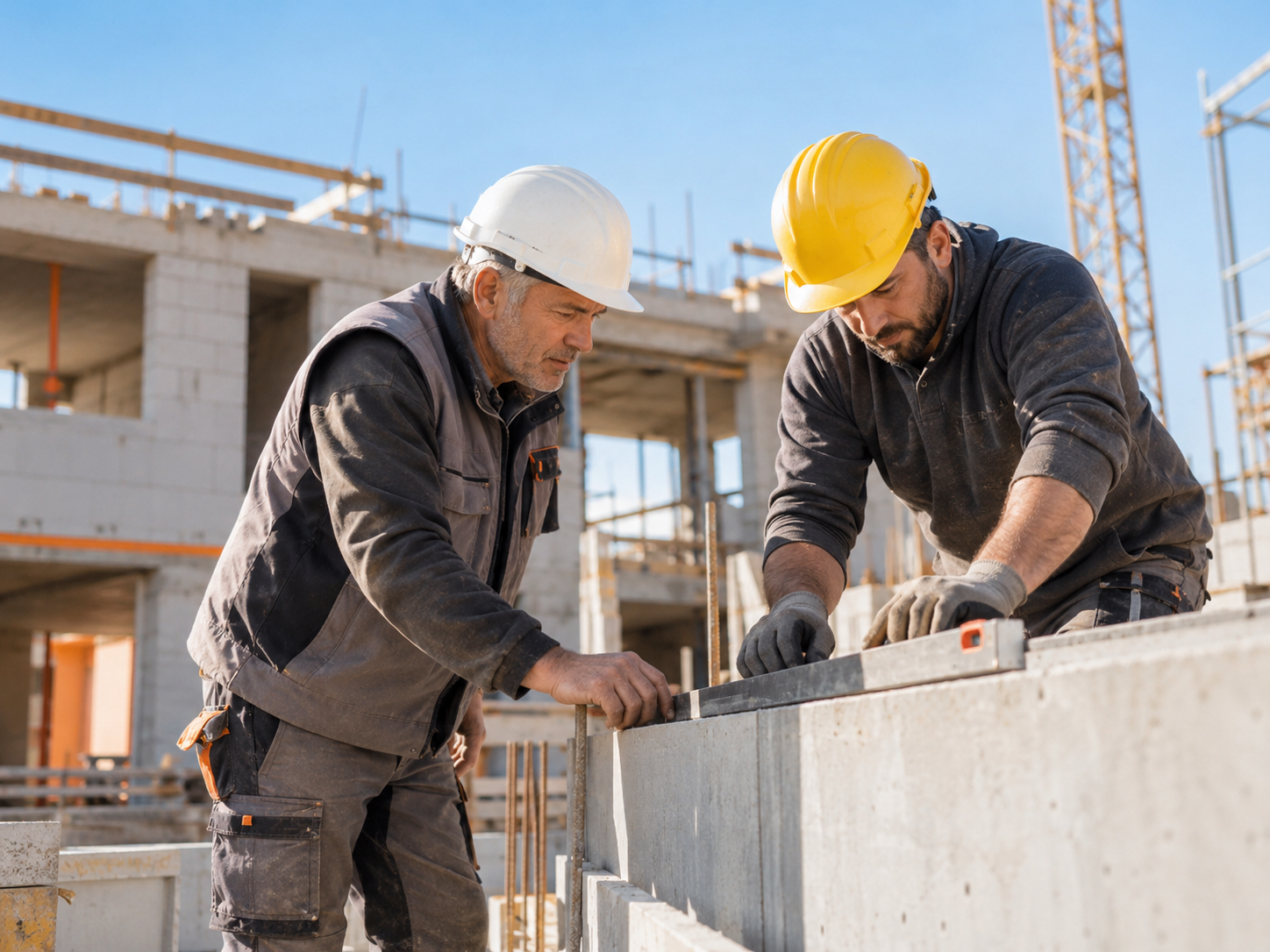 Due operai con caschi bianchi e gialli controllano un muro di cemento con una livella a bolla in un cantiere