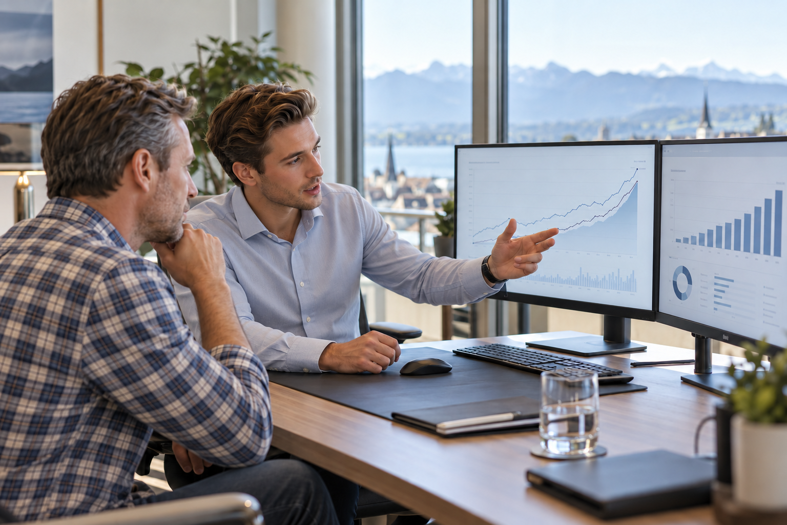 Consulente che spiega grafici finanziari a un cliente su due schermi, in un ufficio con vista sul lago