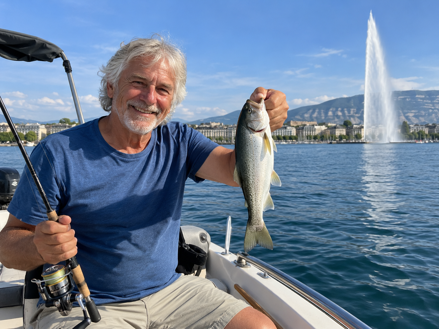 Un pensionato sorridente tiene una canna da pesca e il suo pescato su una barca, con il Jet d’eau di Ginevra sullo sfondo